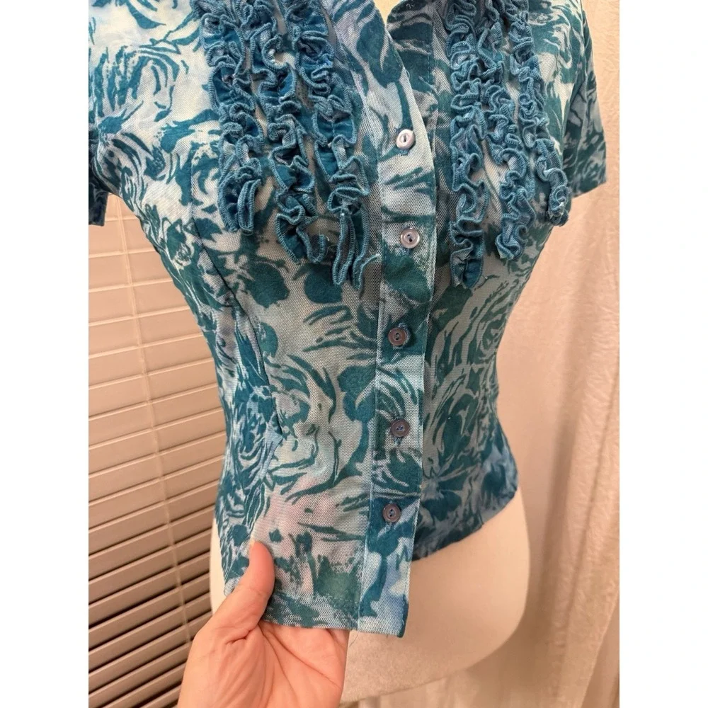 Vtg 90s Y2K Rampage Sheer Velvet Burnout Top Sz M Aqua Floral Ruffle Collar Mesh - Picture 11 of 14